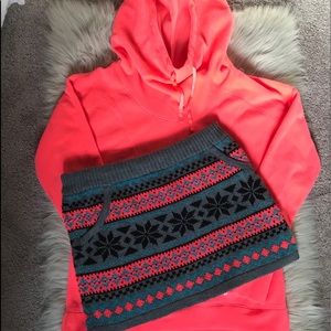 Neon pink hoodie and sweater skirt set.